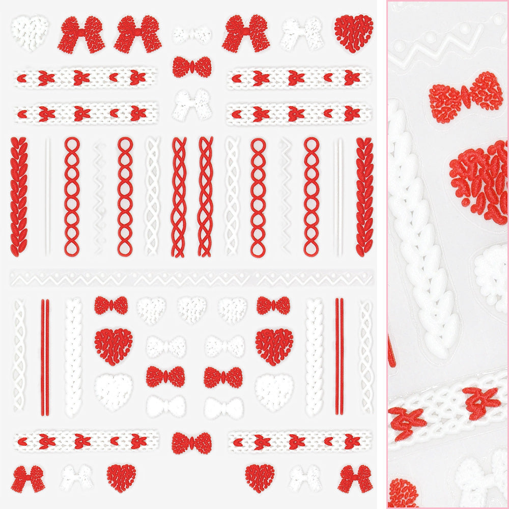 3D Embossed Nail Art Sticker / Lovely Sweaters 3D Embossed Nail Art Sticker / Lovely Sweaters Red White Bow Heart