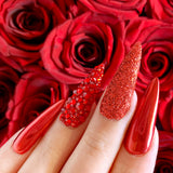 Valentine Red Glitter Chrome Nails with Swarovski Light Siam Crystals