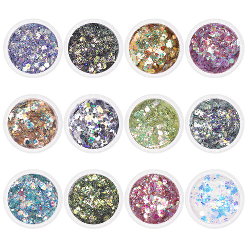 Colorful Iridescent Holographic Mixed Hex Glitter Set / 12 Jars Nail Art Supplies