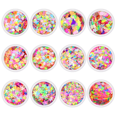 Iridescent Neon Mixed Shape Glitter Set Nail Art Heart Star Flower