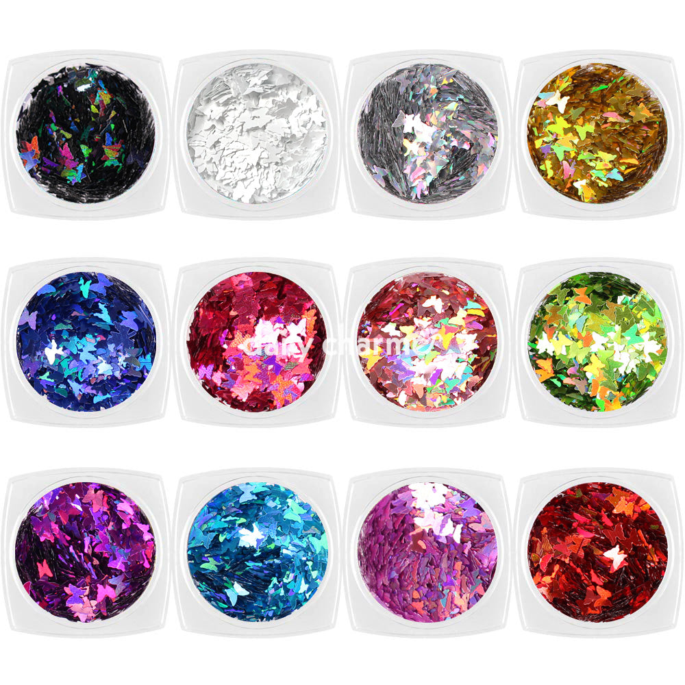 Colorful Holographic Butterfly Glitter Set / 12 Jars Colorful Holographic Butterfly Glitter Set / 12 Jars Easy Nail Art