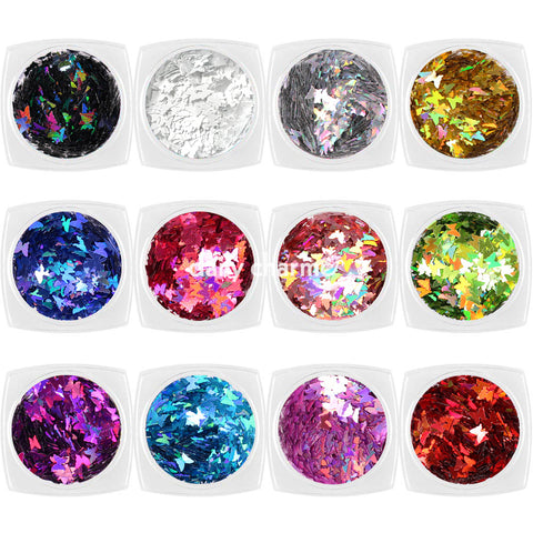 Colorful Holographic Butterfly Glitter Set / 12 Jars Easy Nail Art