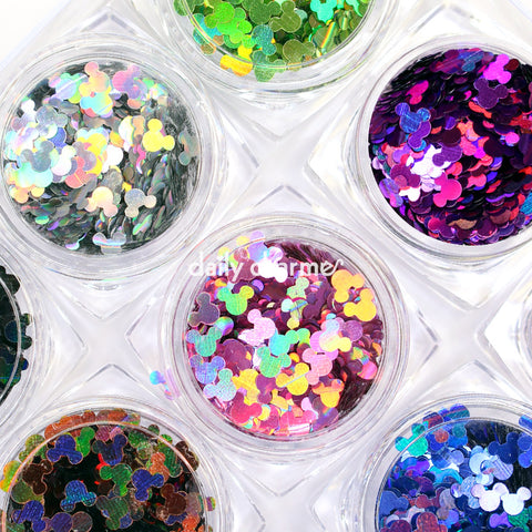 Colorful Holographic Mickey Mouse Head Nail Art Glitter Set / 12 Jars DIY