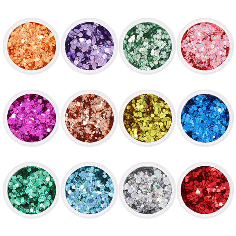 Colorful Holographic Pixel Hex Glitter Set / 12 Jars Rainbow Nail Art