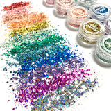 Colorful Holographic Pixel Hex Glitter Set / 12 Jars Rainbow Nail Art