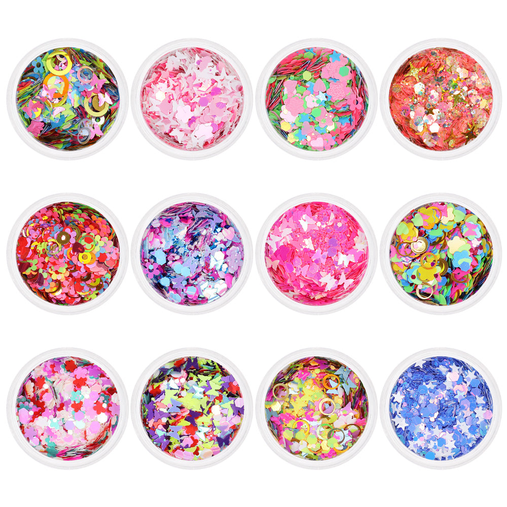 Wonderland Butterfly Glitter Mix Set / 12 Jars Daily Charme Nail Art Glitter Colorful Wonderland Glitter Mix Set