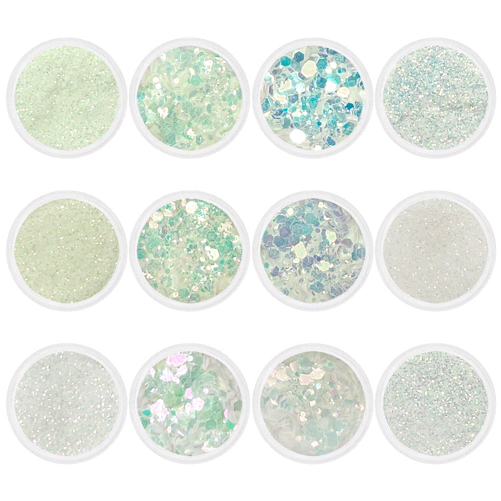 Iridescent Glow in the Dark Mix Glitter Set / 12 Jars Iridescent Glow in the Dark Mix Glitter Set / 12 Jars Nail Art Purple White Blue Green Fairy Dust