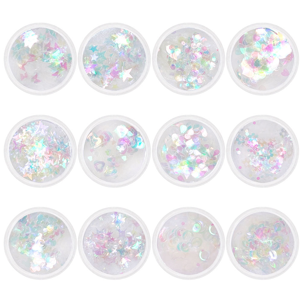 Aurora Iridescent Mixed Shape Glitter Set / 12 Jars Aurora Iridescent Mixed Shape Glitter Heart Star Butterfly Dots Nail Art