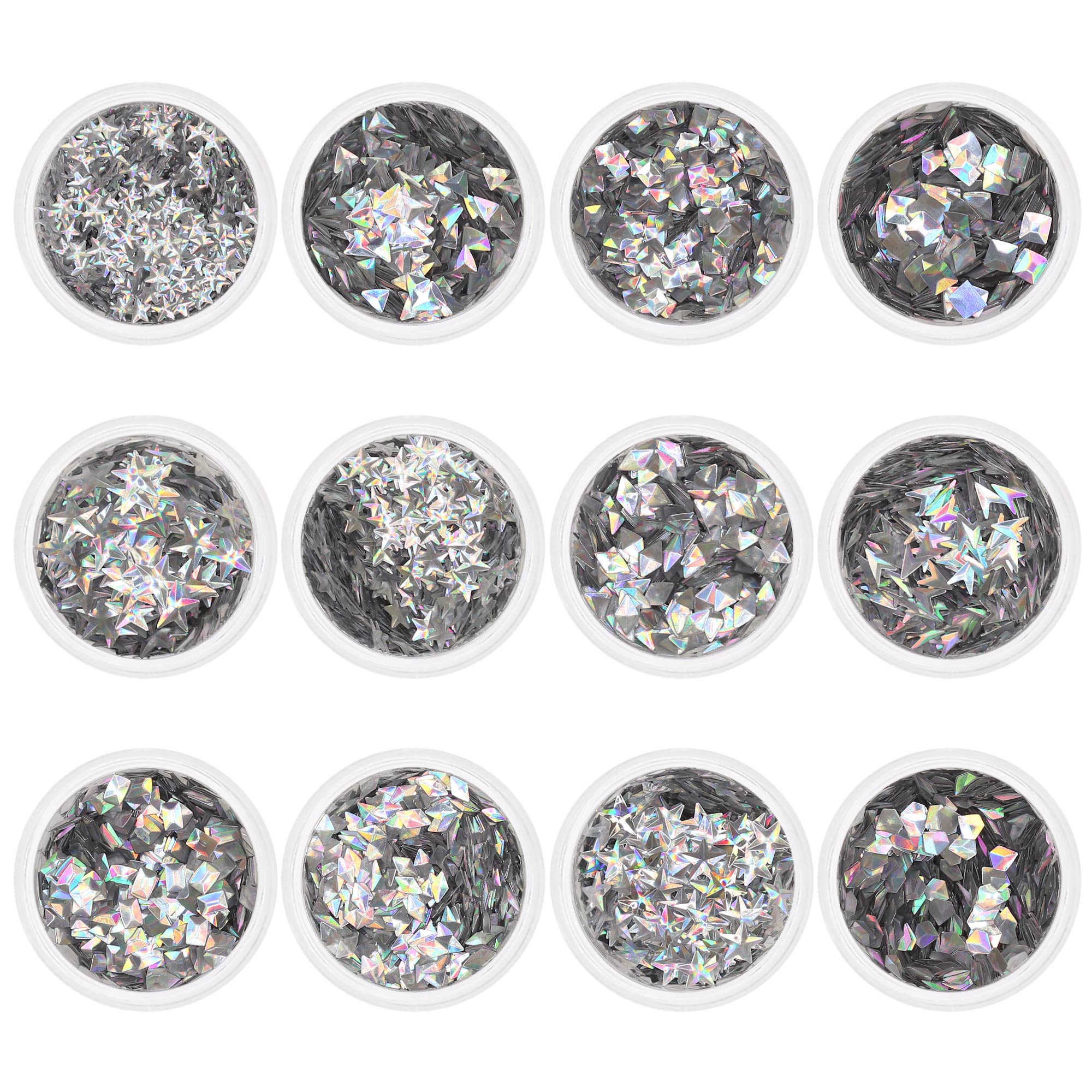 Holographic Silver 3D Mixed Shape Glitter Set / 12 Jars Holographic Silver 3D Mixed Shape Glitter Set for Nail Art
