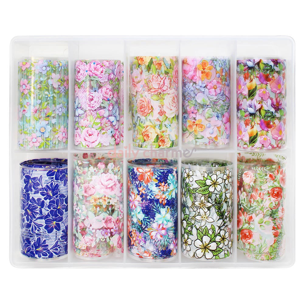 Nail Art Foil Box / Spring Flowers Nail Art Foil Box Set / 10 Designs / Spring Flowers Floral Nail Art