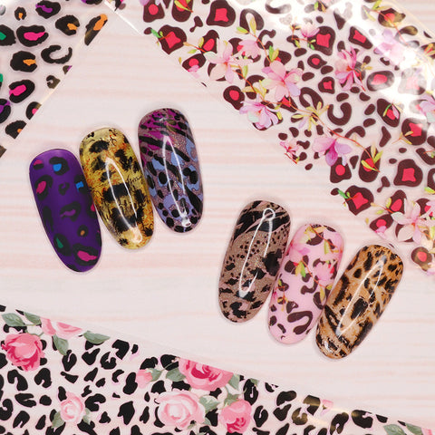 Nail Art Foil Box Set / 10 Designs / Leopard Print Pink Rainbow Rose