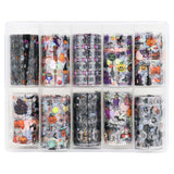 Nail Art Foil Box Set / 10 Designs / Halloween Party Spider Webs Skull Pumpkins Black Cat Witch