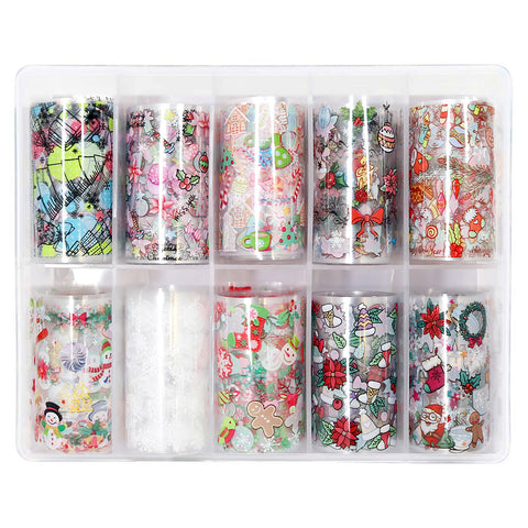 Nail Art Foil Box Set / 10 Designs / Festive Holiday Christmas Cute Nails