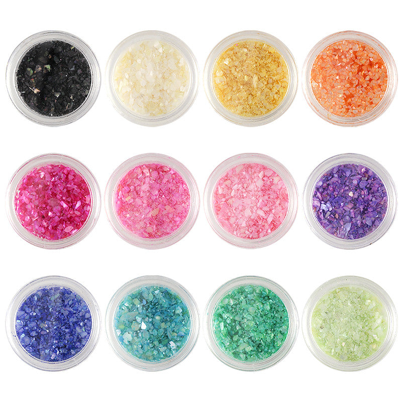 Colorful Crushed Seashell Set 12 Jars Nail Art Decor