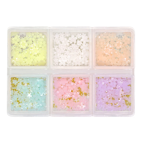 Pastel Resin Flower & Caviar Beads Mix / 6 Colors Spring Nail Art Decor Charms Gold Silver