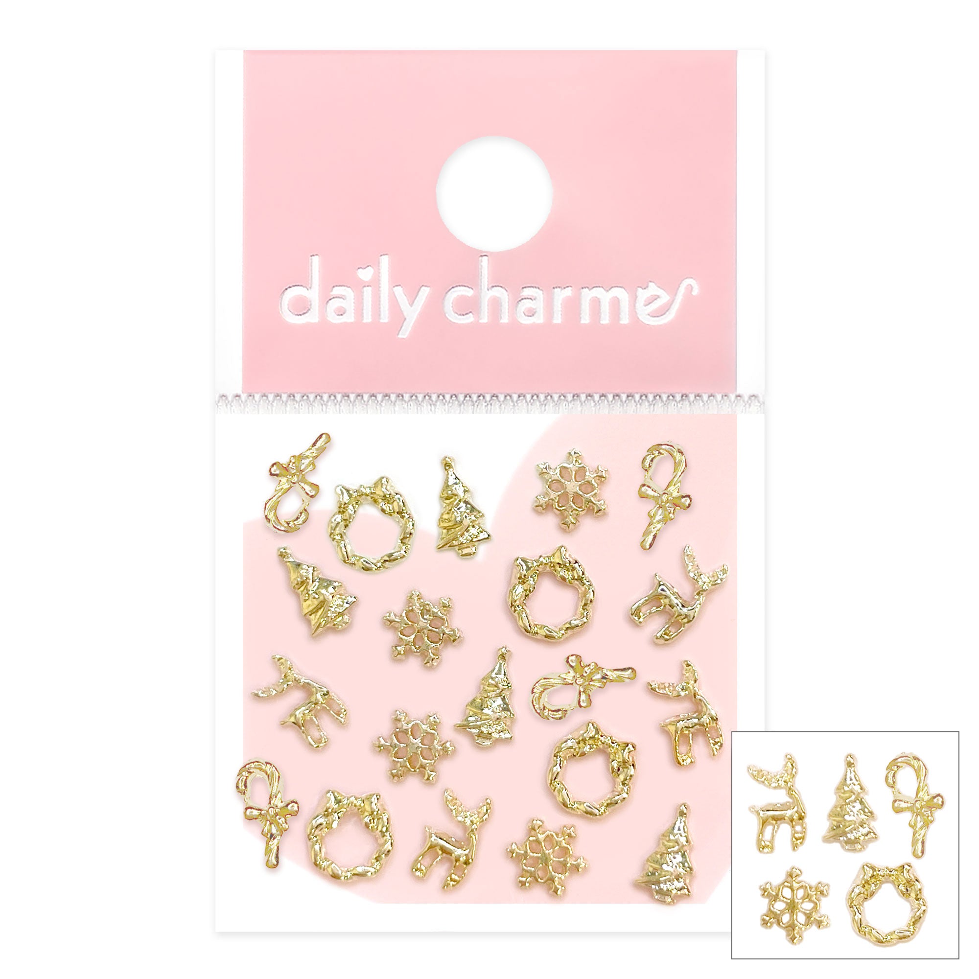 Mini Christmas Charms Mix / Gold Tiny Snowflake Candy Cane Reindeer Wreath Nail Decor Metal