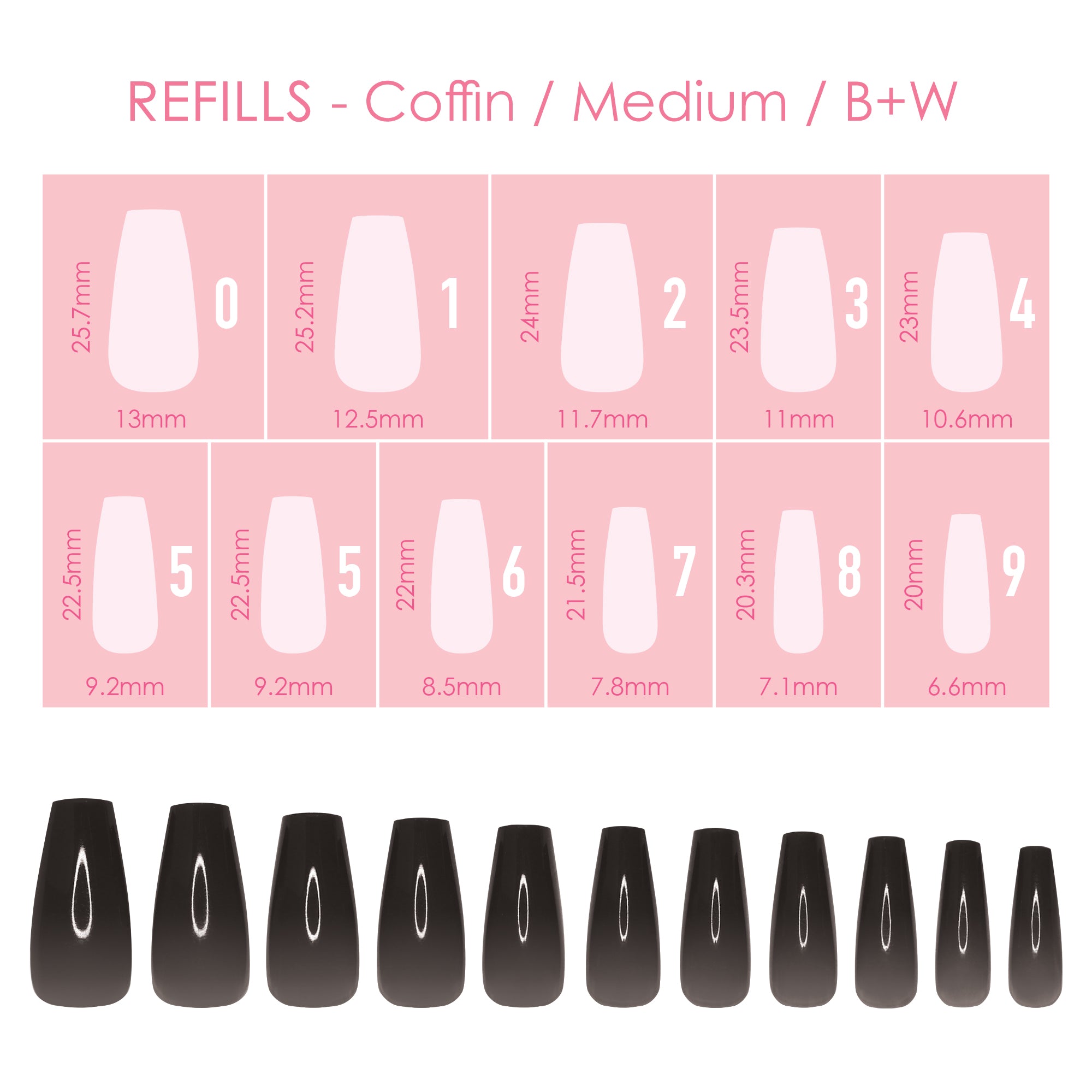 Charme Gel Extension Tips Refill / Coffin / Medium / B+W Black White Press Ons