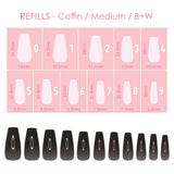 Charme Gel Extension Tips Refill / Coffin / Medium / B+W Black White Press Ons