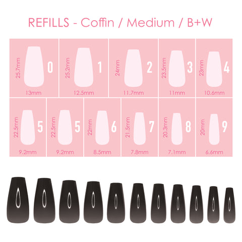 Charme Gel Extension Tips Refill / Coffin / Medium / B+W Black White Press Ons