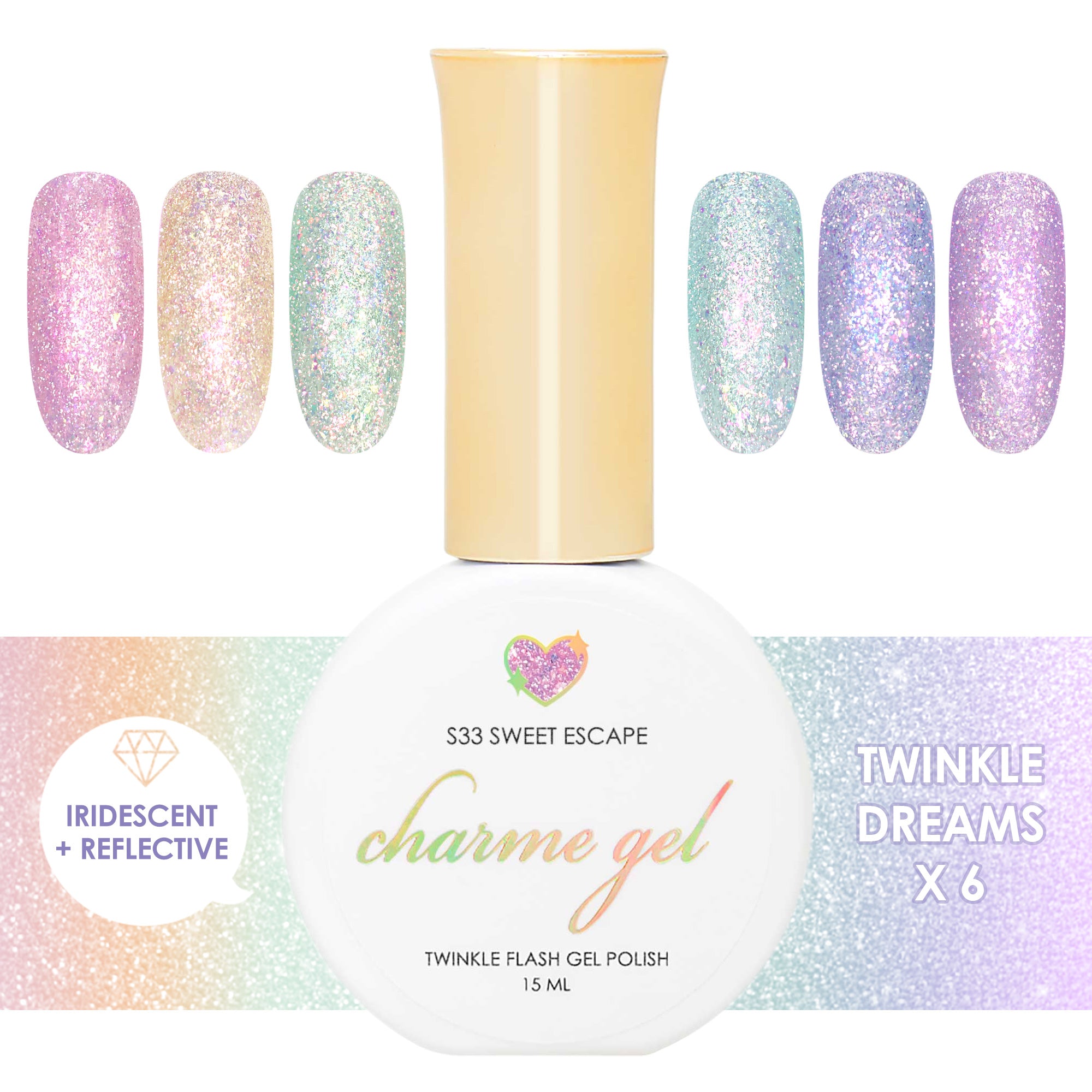 Charme Gel Twinkle Dreams Collection / 6 Colors Rainbow Mermaid Iridescent Flash Polish