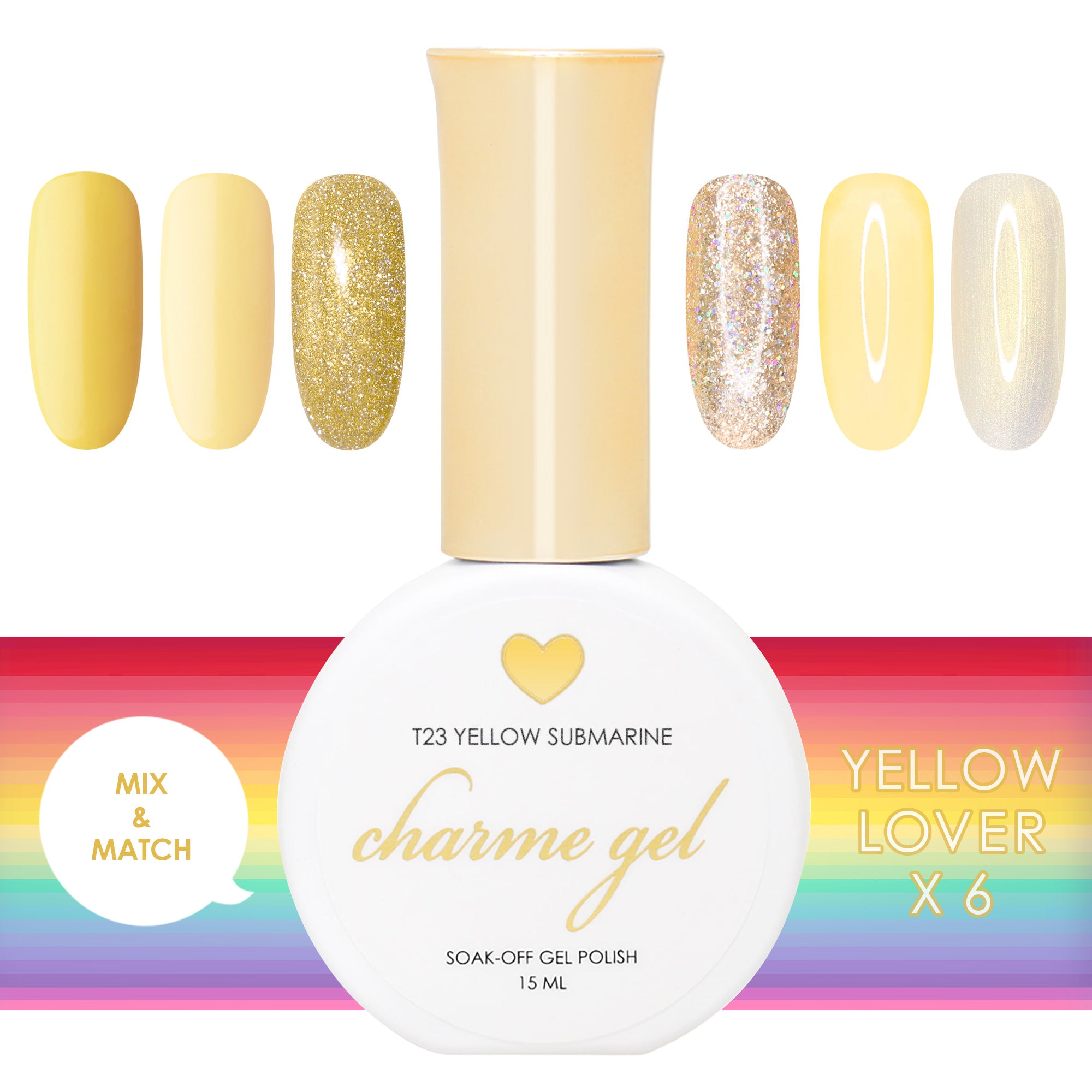 Charme Gel Rainbow Lover Yellow Collection / 6 Colors Creme, Reflective Glitter, Holographic, Pearl Shimmer, Tinted Glass