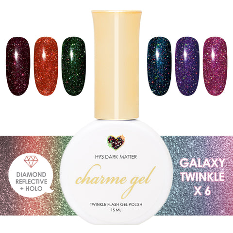 Charme Gel Galaxy Holo Twinkle Flash Collection | Holographic Twinkle Flash Gel 6 Colors | Dark Burgundy | Dark Orange| Dark Green | Dark Blue | Dark Purple | Plum Purple 