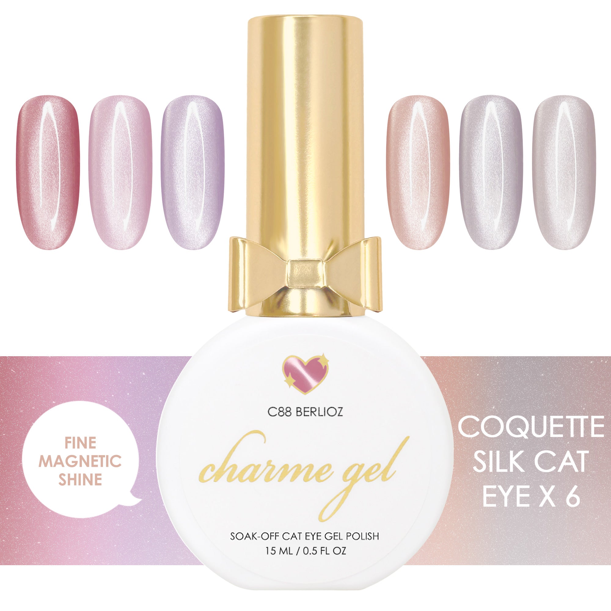Charme Gel Coquette Silk Cat Eye Collection / 6 Colors Fine Satin Magnetic Nail Polish Pink Purple Beige Neutral Trend Soft