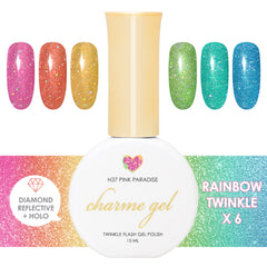 Charme Gel Summer Rainbow Holo Twinkle Collection / 6 Colors Nail Polish Bright Colorful Fun Flash Holographic