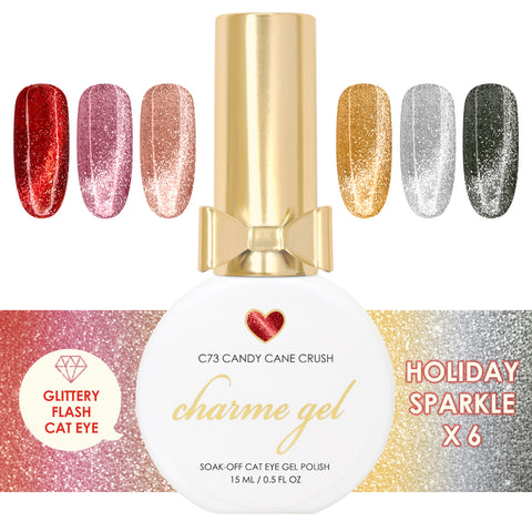 Charme Gel Holiday Sparkle Cat Eye Collection / 6 Colors Red Pink Silver Gold Black Glitter Magnetic Nail Polish