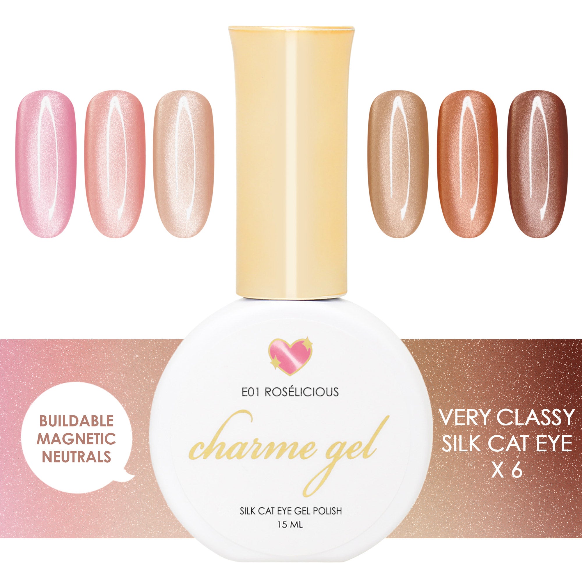 Charme Gel Very Classy Silk Cat Eye Collection Pink Coral Beige Brown Mocha Chocolate Nail Polish Magnetic