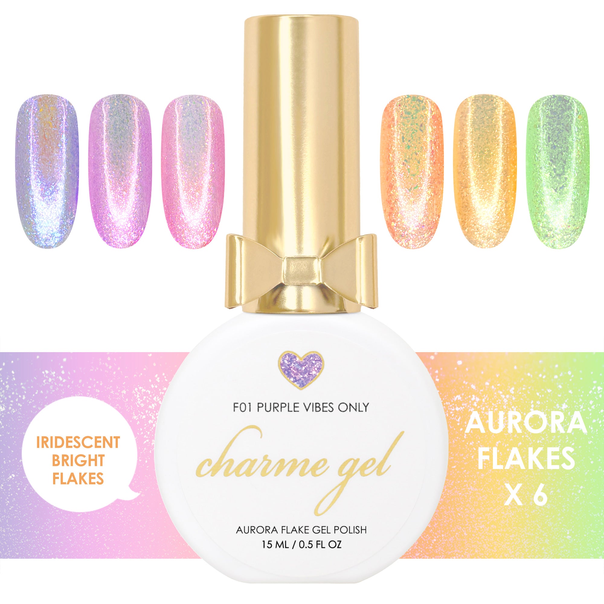 Charme Gel Aurora Flakes Collection / 6 Colors / Spring Shimmer Easter Iridescent Nail Polish