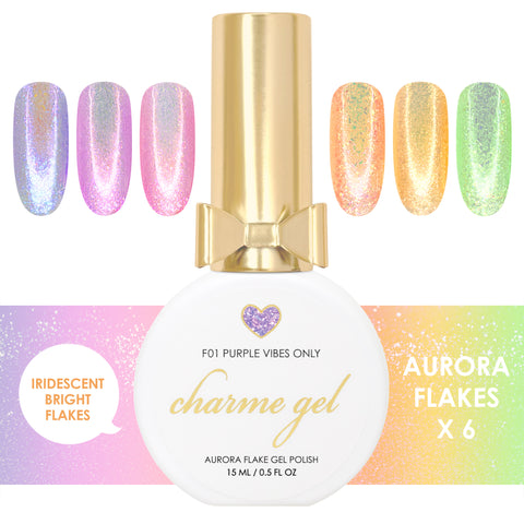 Charme Gel Aurora Flakes Collection / 6 Colors / Spring Shimmer Easter Iridescent Nail Polish
