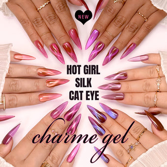 Hands with pink and purple silk cat eye nails and 'Hot Girl Silk Cat Eye' text.
