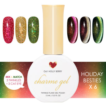 Charme Gel Holiday Besties Collection Nail Polish Red Green Gold Silk Cat Eye Magnetic Twinkle Flake Glitter Colors Gift Idea Manicure Mix & Match Layering