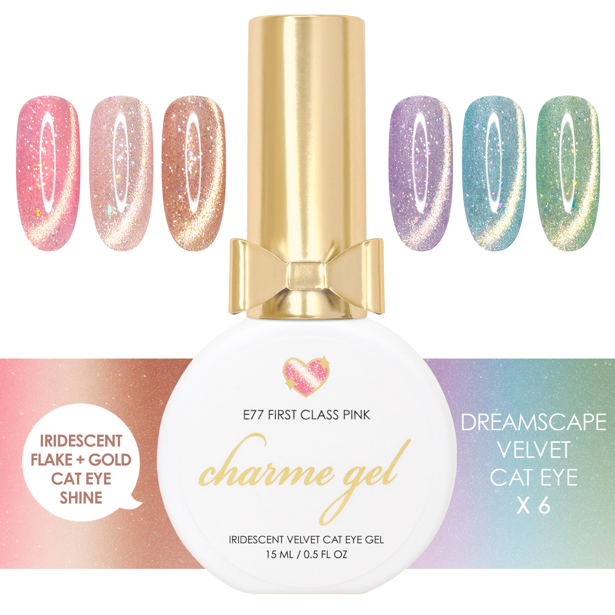 Charme Gel Dreamscape Velvet Cat Eye Collection Nail Polish Iridescent Pink Blue Green Beige Dreamy Golden Magnetic Shine