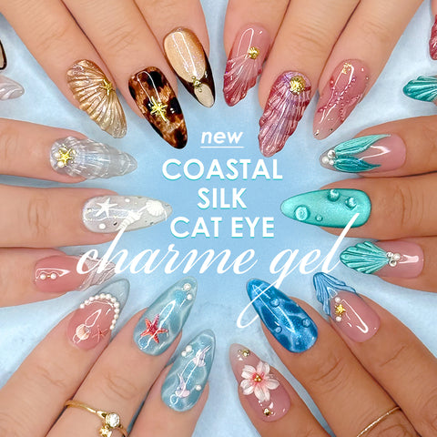 Charme Gel Coastal Silk Cat Eye Collection Nail Polish Magnetic Summer 2026 Blue Turquoise White Coral Red Caramel Shimmers 6 Colors