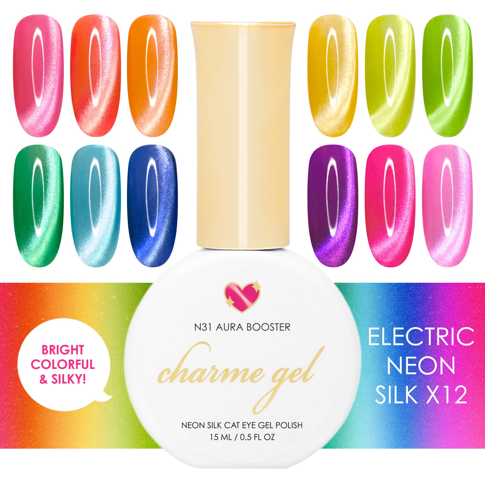 Charme Gel Nail Polish Electric Neon Silk Cat Eye Collection / 12 Colors Rainbow Vibrant Fruit 2026 Musthave Hot Pink Yellow Orange Green