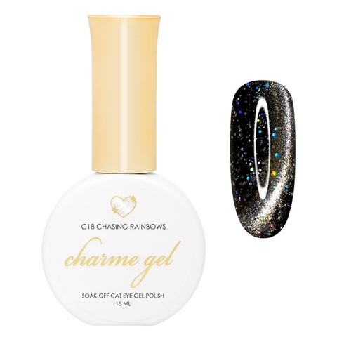 Charme Gel / Cat Eye C18 Chasing Rainbows Silver Holo Holographic Glitter Nail Polish Topper Mesmerizing Magical