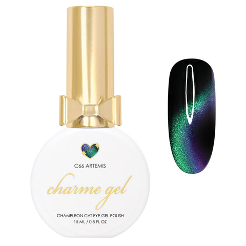 Charme Gel Nail Polish Cat Eye C66 Artemis Green Teal Purple Color Shifting Magnetic Galaxy Art