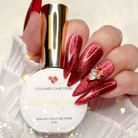 Charme Gel / Cat Eye C73 Candy Cane Crush Red Nail Polish Glitter Christmas Trend Magnetic