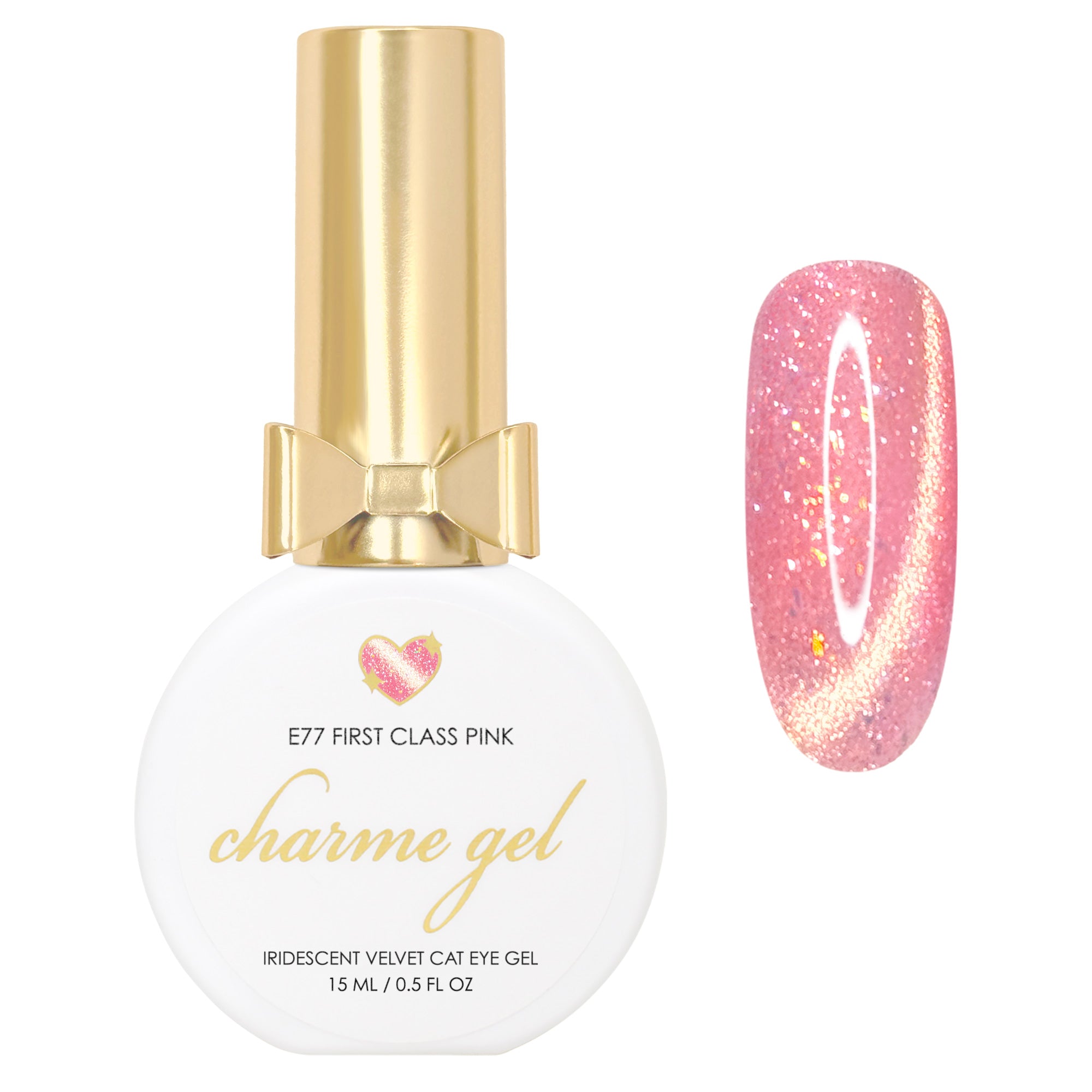 Charme Gel Nail Polish Cat Eye E77 First Class Pink Velvet Gold Iridescent Flake Flash 