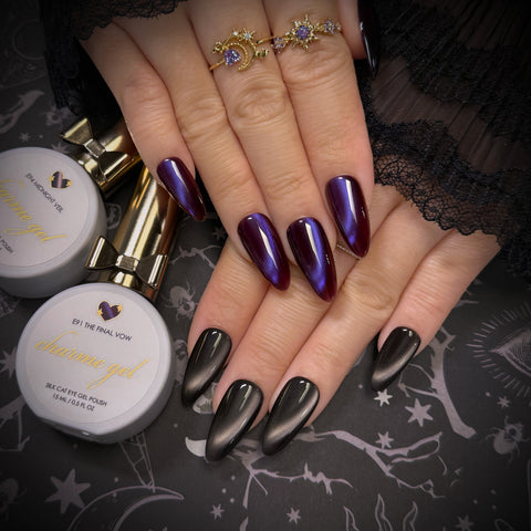Charme Gel / Cat Eye E91 The Final Vow Dark Purple Burgundy Magnetic Nail Polish Silk Fine Pigments Halloween Goth