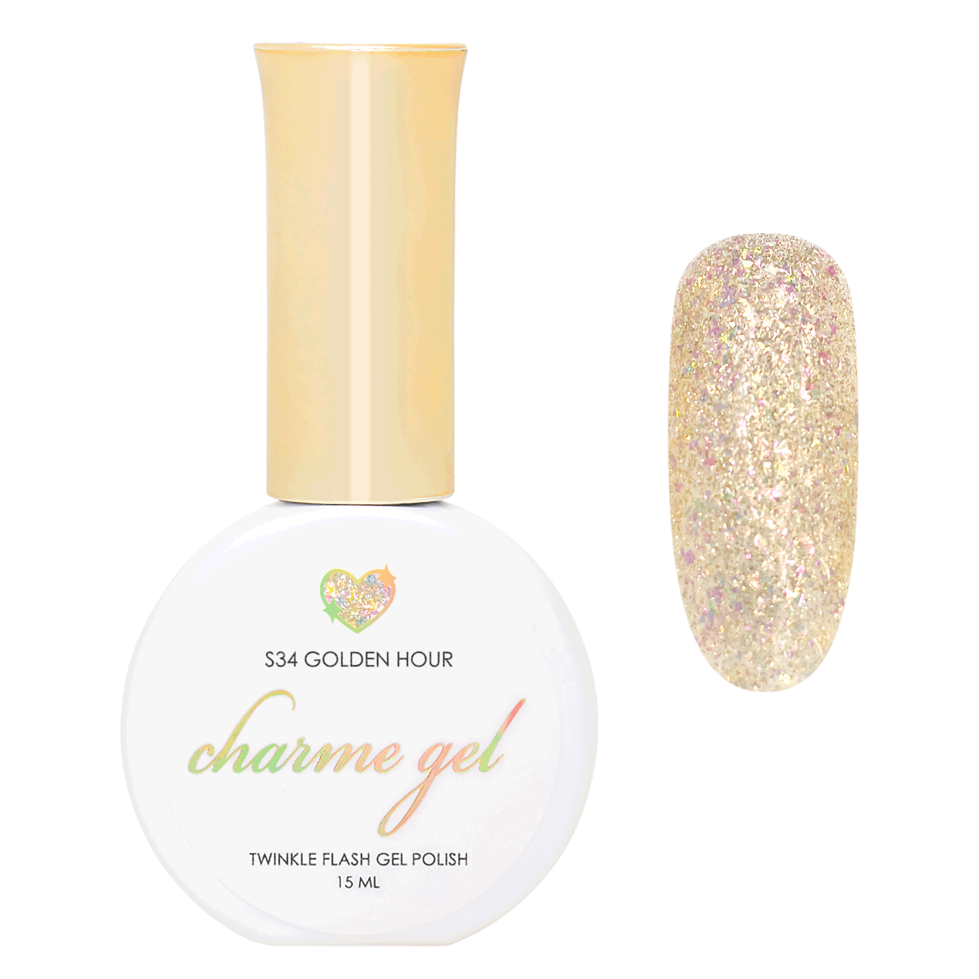 Charme Gel / Twinkle Shimmer S34 Golden Hour Yellow Flash Polish Iridescent Dreamy