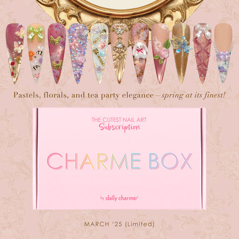 Charme Box Nail Art Mystery Subscription 2025 March Spring Tea Party Cat Eye Magnetic Gel Polish Decors Pastel Flower