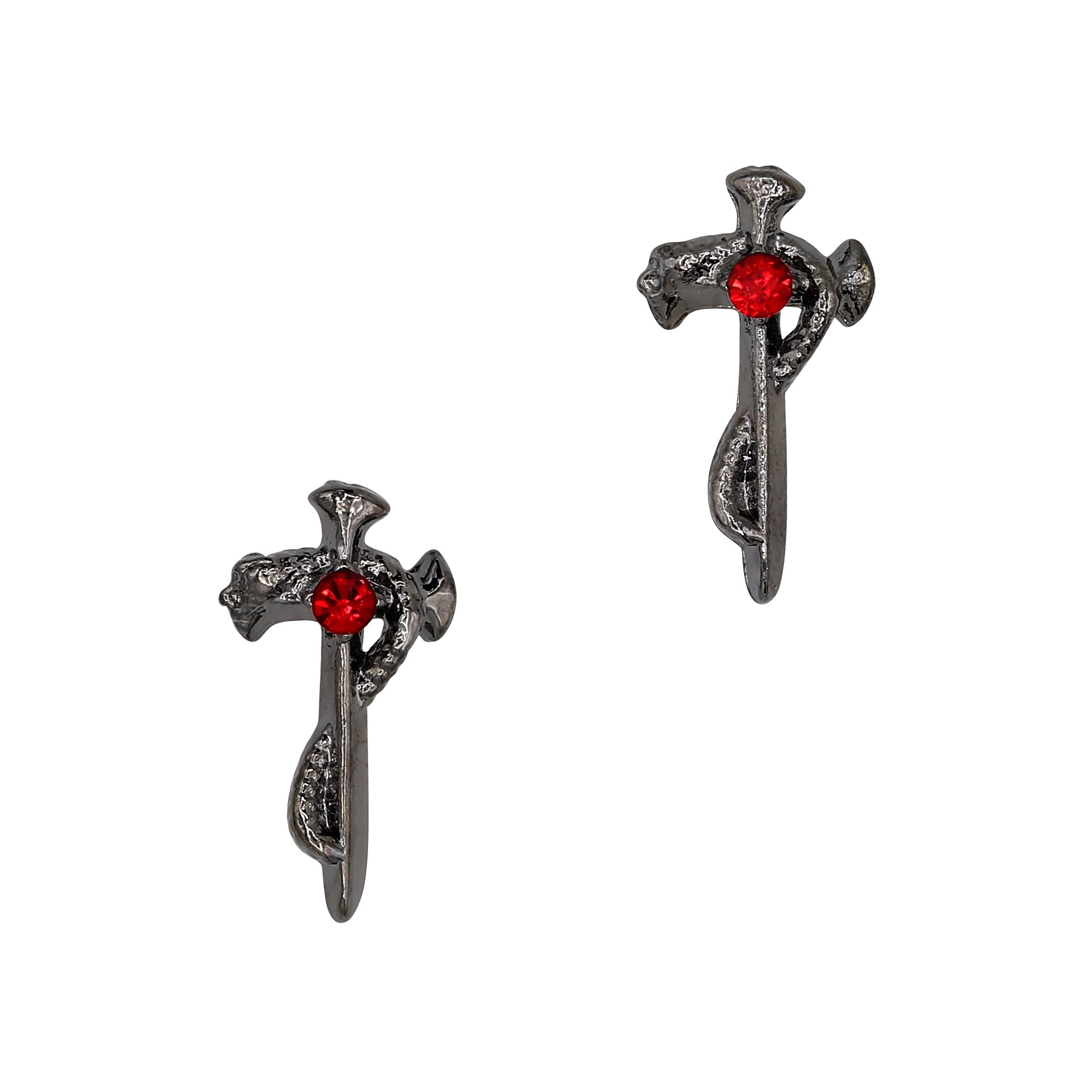 Edgy Gothic Nail Charm 3D Serpent Cross / Gunmetal / Ruby Red