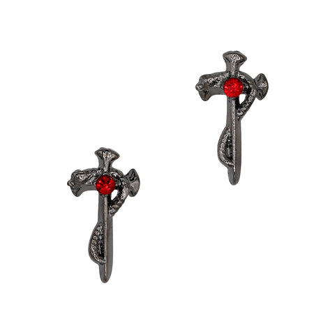 Edgy Gothic Nail Charm 3D Serpent Cross / Gunmetal / Ruby Red