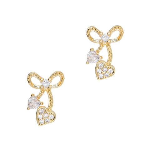 Coquette Heart Drop Bow Zircon Charm Gold Nail Jewelry Gems Crystals