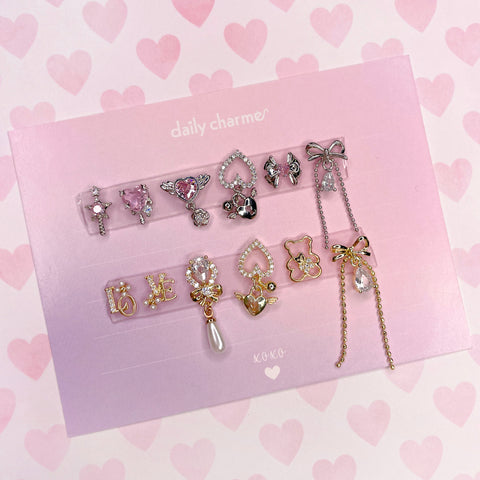 Romantic Heart Bow/ Zircon Charm / Silver / Pink Balletcore Coquette Nail Decor