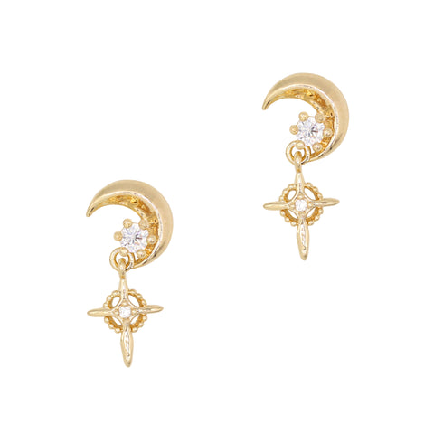 Moonlit Moon Star Nail Dangle / Zircon Charm / Gold 3D Celestial Cute