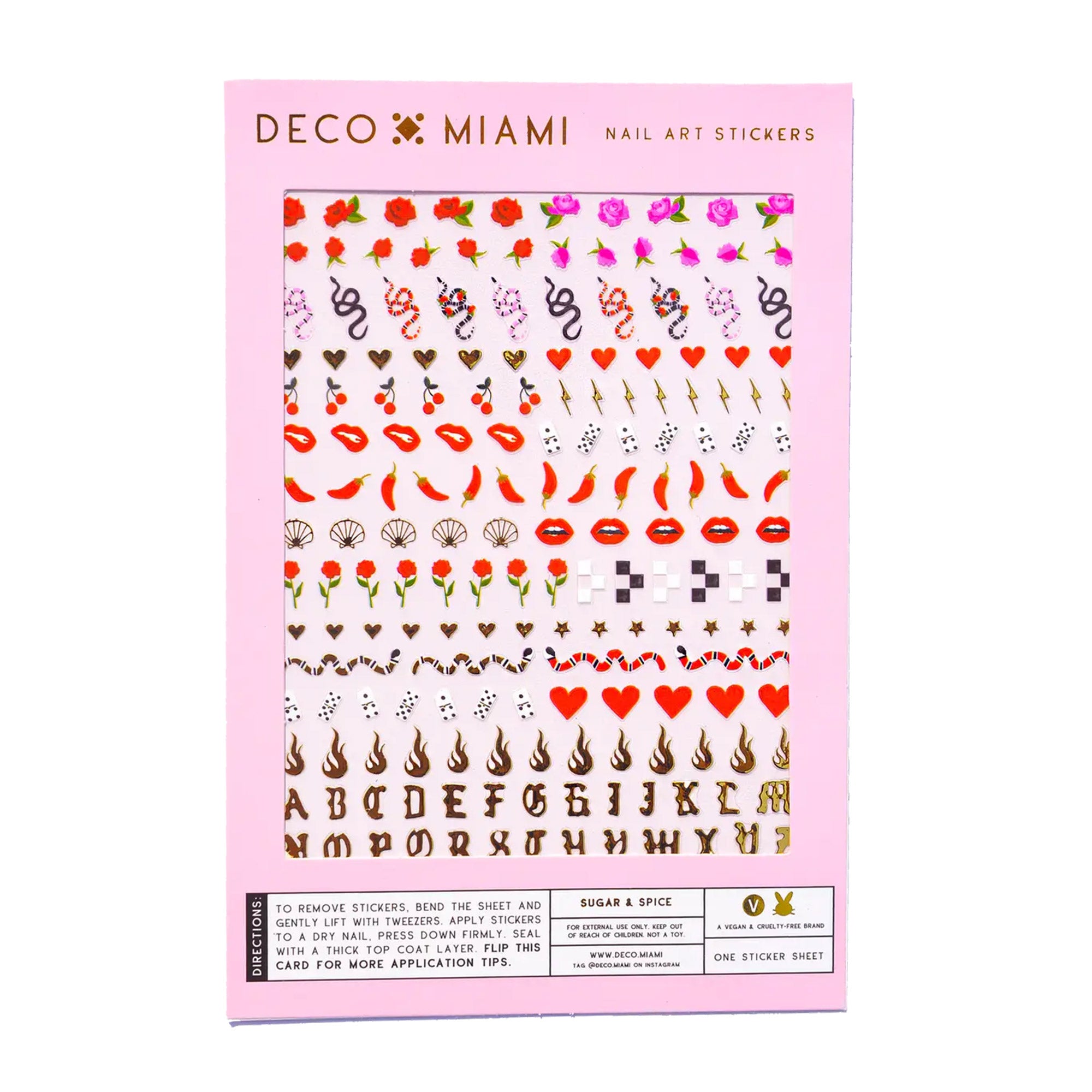 Deco Miami Nail Art Stickers / Sugar & Spice Roses, Red, Pink, Chili, Flames, Cherries, Gold, CHecker, Snakes, Heart, Valentine
